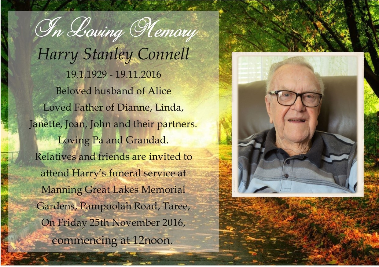 Harry Stanley Connell Listed By Hutchinson Family Funerals